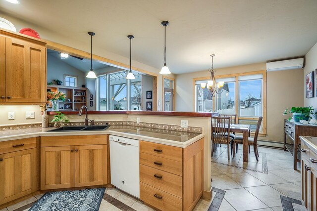 230 Camp Crook Ave, Kalispell, MT 59901 - dining space with light tile patterned floors, a chandelier, recessed lighting, and a warm lit fireplace