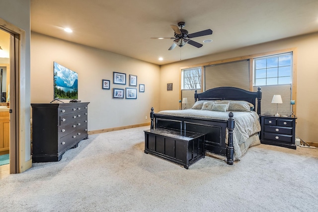 carpeted bedroom featuring baseboards, ceiling fan, and recessed lighting