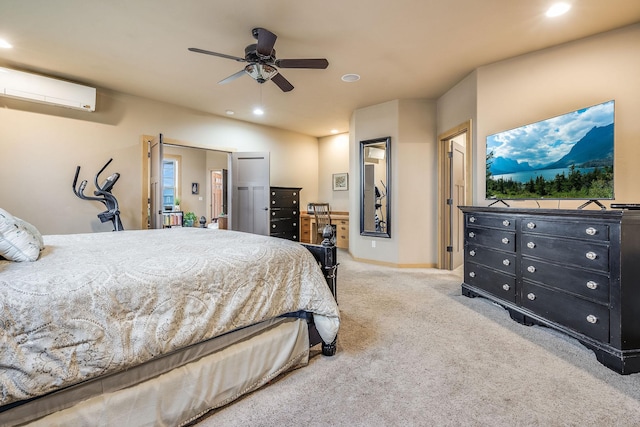 bedroom with recessed lighting, baseboards, carpet floors, a ceiling fan, and a wall mounted air conditioner