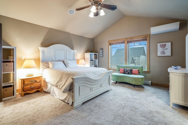 carpeted bedroom with a ceiling fan, lofted ceiling, a baseboard heating unit, baseboards, and an AC wall unit