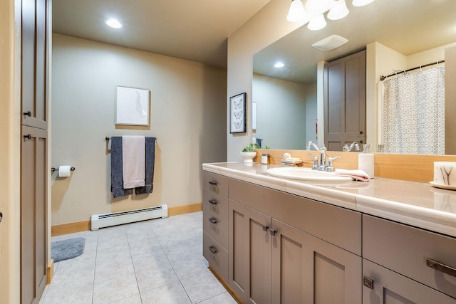 full bathroom with vanity, tile patterned flooring, baseboards, visible vents, and a baseboard heating unit