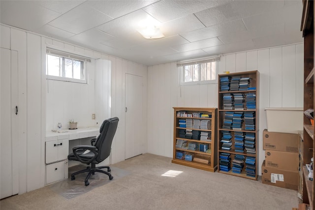 office area with a healthy amount of sunlight and light colored carpet
