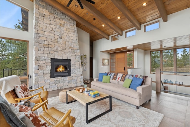 280 Cowgirl Cv, Eureka, MT 59917 - living area featuring high vaulted ceiling, wood ceiling, and a ceiling fan