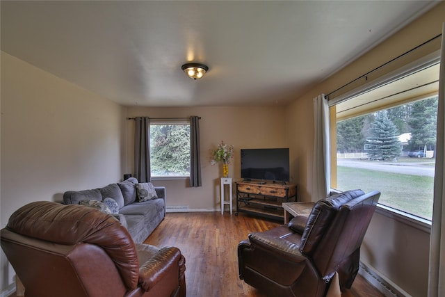 living room with a baseboard radiator, wood finished floors, a baseboard heating unit, and baseboards