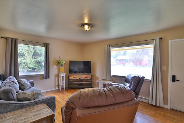 living area featuring baseboards and wood finished floors
