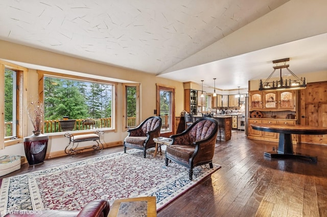 living area with plenty of natural light, dark wood-type flooring, and lofted ceiling