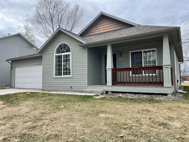 view of front facade with a garage, a front lawn, roof with shingles, driveway, and a porch