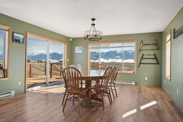 18 Mission View Dr, Polson, MT 59860 - dining room featuring a chandelier, wood finished floors, a mountain view, and plenty of natural light