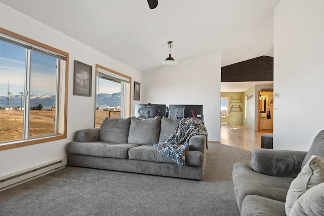 18 Mission View Dr, Polson, MT 59860 - living room featuring lofted ceiling, carpet flooring, plenty of natural light, and baseboard heating