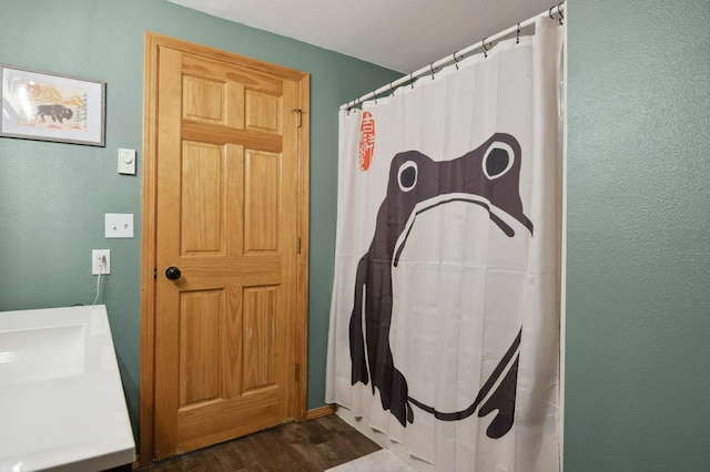 18 Mission View Dr, Polson, MT 59860 - full bath featuring wood finished floors, curtained shower, and a textured wall