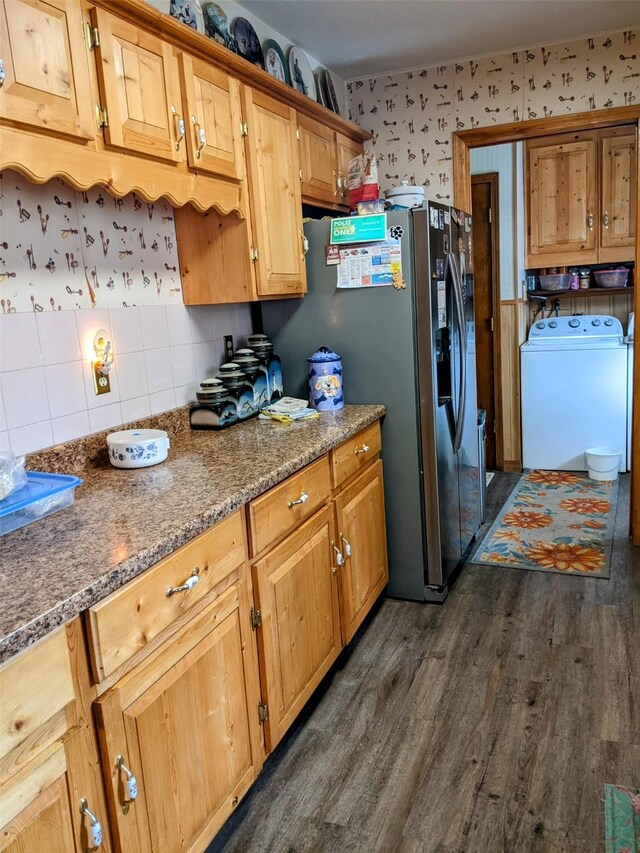 1003 4th Ave, Plains, MT 59859 - kitchen with stainless steel fridge with ice dispenser, tasteful backsplash, stone countertops, and dark wood-type flooring