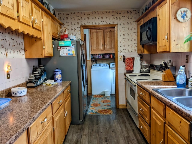 1003 4th Ave, Plains, MT 59859 - kitchen featuring dark wood-style floors, tasteful backsplash, white electric range, black microwave, and washer and dryer