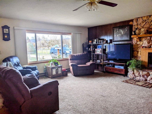 1003 4th Ave, Plains, MT 59859 - carpeted living room featuring ceiling fan and a fireplace