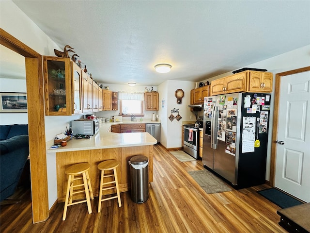 47 3rd Ave S, Stanford, MT 59479 - kitchen with stainless steel appliances, a peninsula, a sink, light countertops, and light wood-type flooring