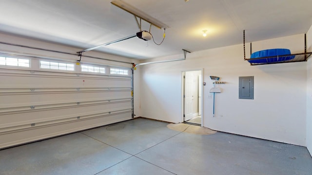 garage with electric panel and a garage door opener