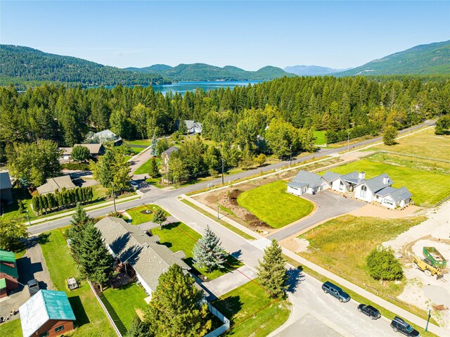 bird's eye view with a forest view and a water and mountain view