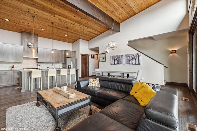 62 Wilderness Lodge Rd, Eureka, MT 59917 - living area with dark wood-style flooring, visible vents, beamed ceiling, a high ceiling, and wooden ceiling