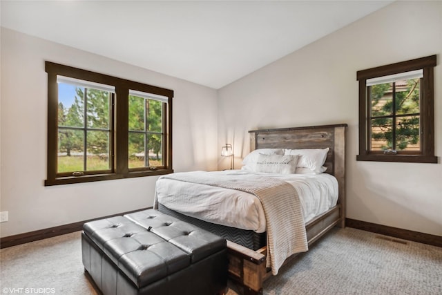 62 Wilderness Lodge Rd, Eureka, MT 59917 - carpeted bedroom with baseboards, lofted ceiling, and visible vents