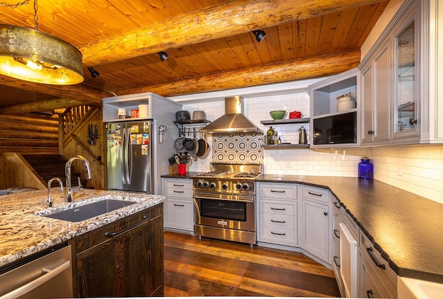 587 Cozy Ln, Helmville, MT 59843 - kitchen with wall chimney range hood, a sink, appliances with stainless steel finishes, and open shelves