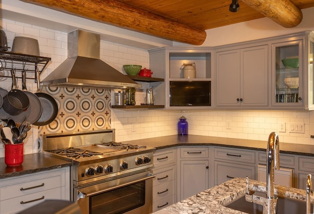 587 Cozy Ln, Helmville, MT 59843 - kitchen with wall chimney exhaust hood, decorative backsplash, a sink, and stainless steel range