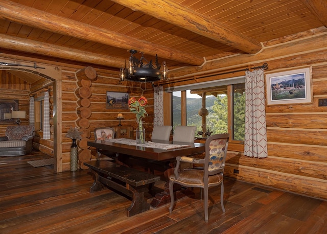 587 Cozy Ln, Helmville, MT 59843 - dining area featuring wood-type flooring, wooden ceiling, an inviting chandelier, and beamed ceiling