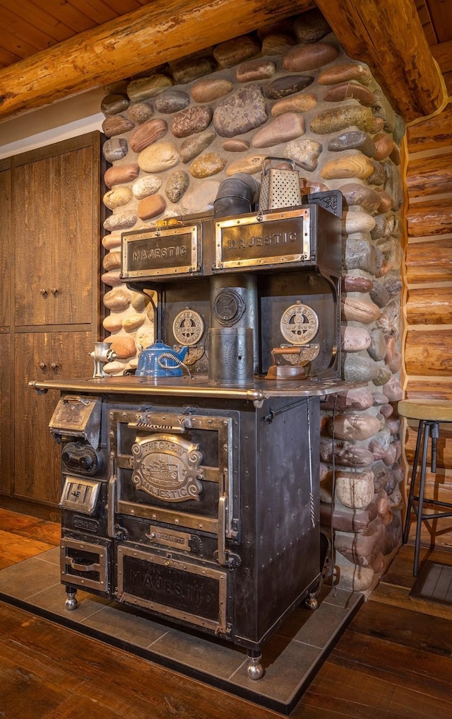 587 Cozy Ln, Helmville, MT 59843 - interior details with wooden ceiling, log walls, beam ceiling, and wood finished floors