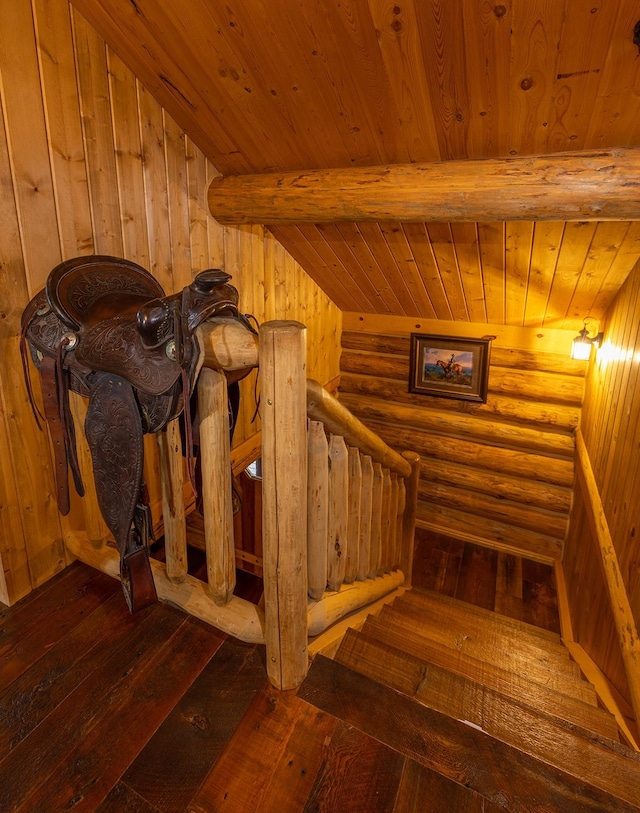 587 Cozy Ln, Helmville, MT 59843 - stairs with rustic walls, wooden ceiling, beamed ceiling, and hardwood / wood-style flooring