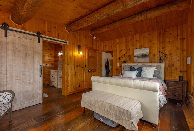 587 Cozy Ln, Helmville, MT 59843 - bedroom featuring wood-type flooring, wood walls, a barn door, and beamed ceiling