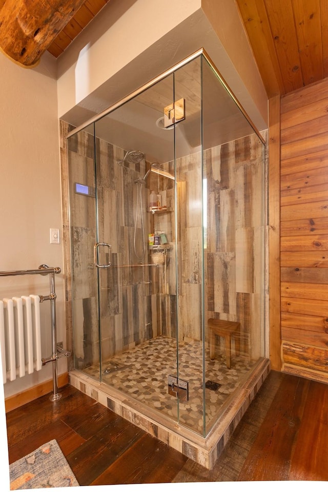 587 Cozy Ln, Helmville, MT 59843 - full bathroom featuring a shower stall, radiator, wooden ceiling, and hardwood / wood-style floors