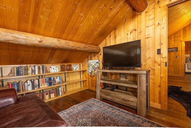 587 Cozy Ln, Helmville, MT 59843 - living area with hardwood / wood-style floors, vaulted ceiling with beams, wooden walls, and wooden ceiling