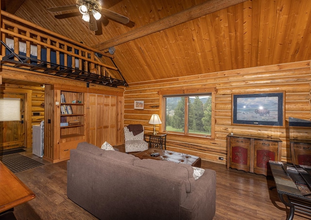 587 Cozy Ln, Helmville, MT 59843 - living area featuring ceiling fan, wood finished floors, wooden ceiling, and beam ceiling