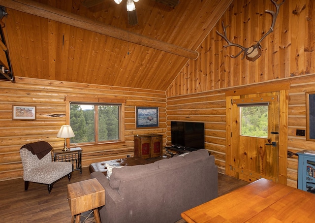 587 Cozy Ln, Helmville, MT 59843 - living area featuring high vaulted ceiling, beamed ceiling, wood finished floors, a ceiling fan, and wood ceiling