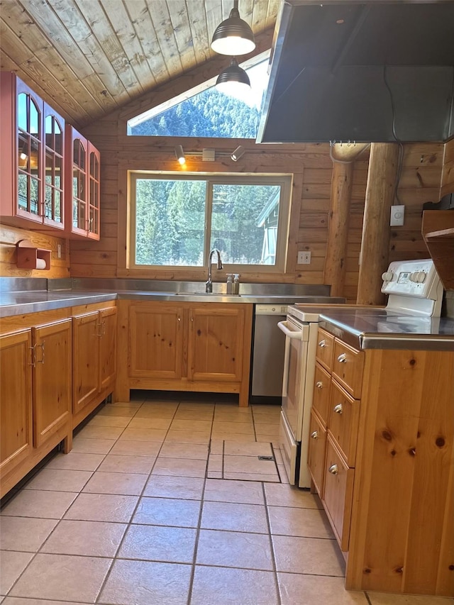 28 Princeton Rd, Philipsburg, MT 59858 - kitchen with stainless steel countertops, exhaust hood, plenty of natural light, wooden ceiling, and vaulted ceiling