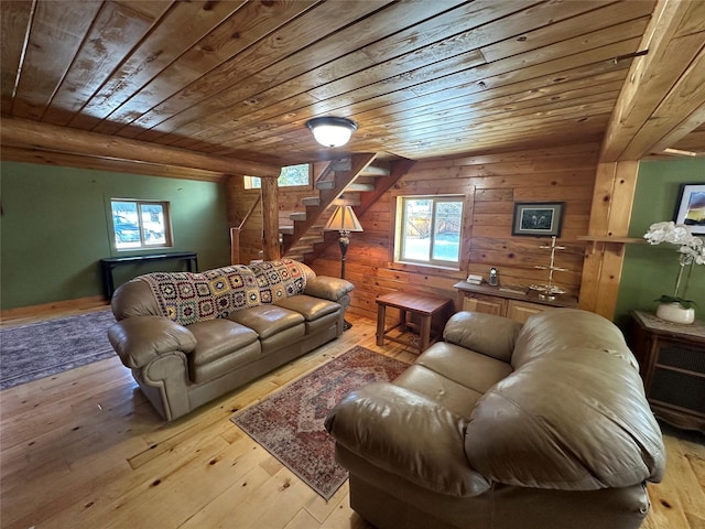 28 Princeton Rd, Philipsburg, MT 59858 - living area featuring wood ceiling, wooden walls, plenty of natural light, stairs, and light wood-style flooring