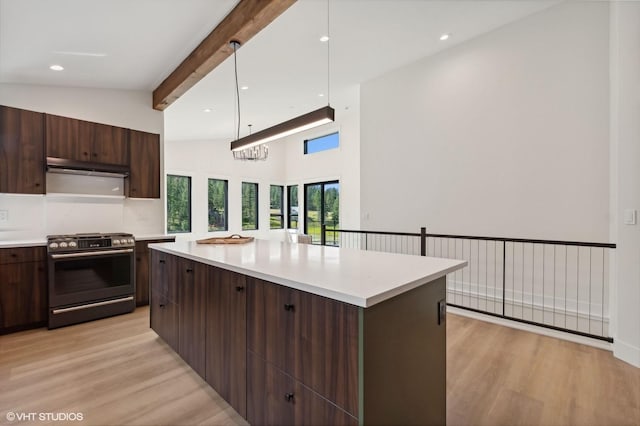 34 Grizzly Ct, Bigfork, MT 59911 - kitchen featuring gas stove, modern cabinets, light wood finished floors, dark brown cabinetry, and beam ceiling