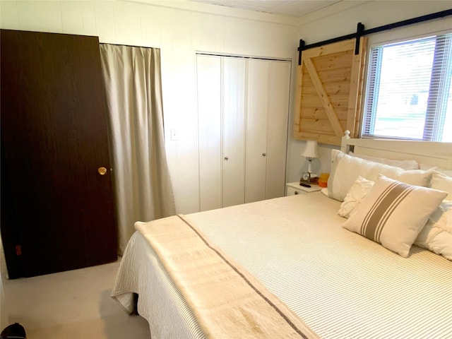 bedroom featuring a barn door and a closet