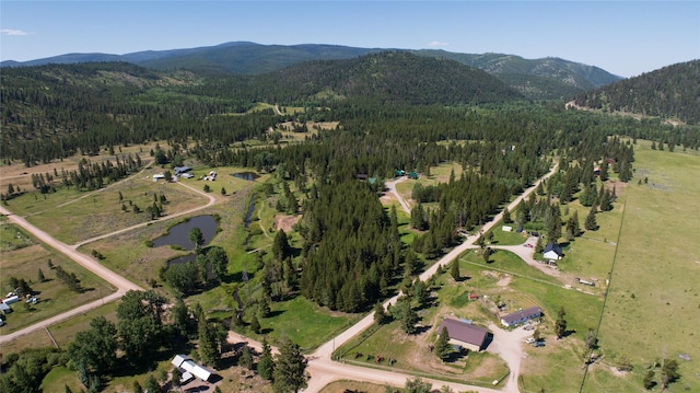 bird's eye view featuring a view of trees and a mountain view