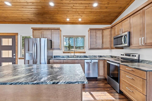 563 Riding High Dr, Eureka, MT 59917 - kitchen featuring stainless steel appliances, wood ceiling, a sink, recessed lighting, and dark wood-type flooring
