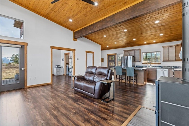 563 Riding High Dr, Eureka, MT 59917 - living room with wooden ceiling, dark wood-style flooring, a ceiling fan, recessed lighting, and baseboards