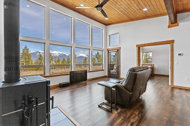 563 Riding High Dr, Eureka, MT 59917 - living area with wooden ceiling, ceiling fan, hardwood / wood-style floors, a high ceiling, and recessed lighting