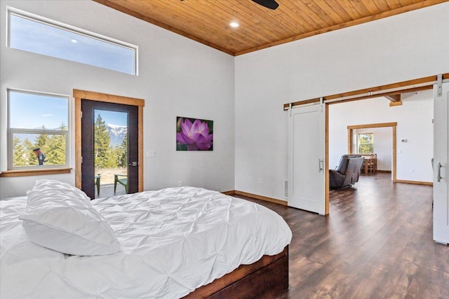 563 Riding High Dr, Eureka, MT 59917 - bedroom featuring wooden ceiling, multiple windows, wood finished floors, a barn door, and baseboards