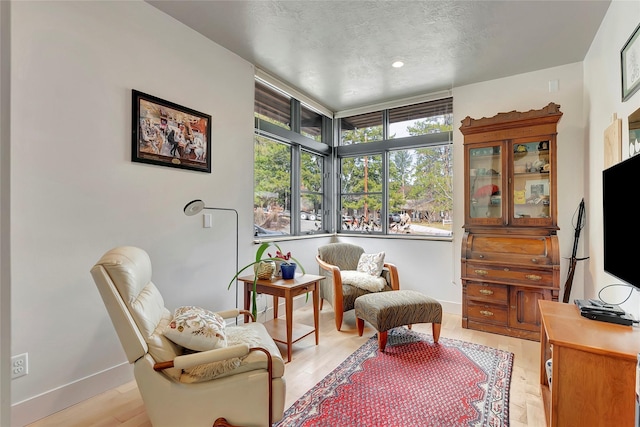 living area featuring a textured ceiling, baseboards, and light wood-style floors