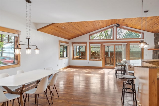 dining space with dark wood-type flooring, ceiling fan, vaulted ceiling, and wooden ceiling