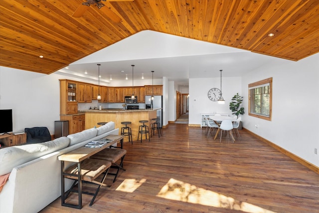 living room with wood ceiling, vaulted ceiling, baseboards, dark wood-style floors, and recessed lighting