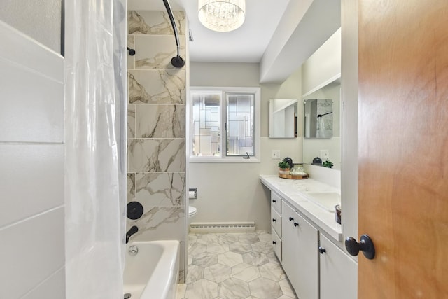 bathroom with a baseboard radiator, toilet, vanity, shower / bath combo with shower curtain, and a notable chandelier