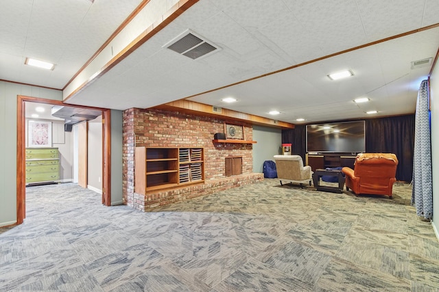 interior space with visible vents, wooden walls, and a fireplace