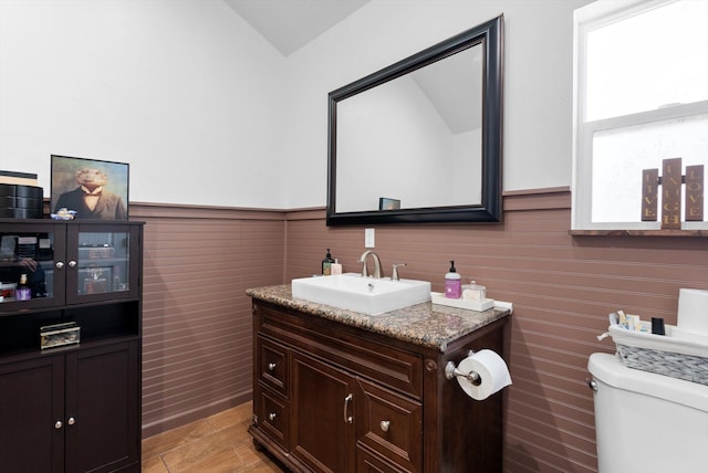 half bathroom featuring vaulted ceiling, wainscoting, wood finished floors, vanity, and toilet