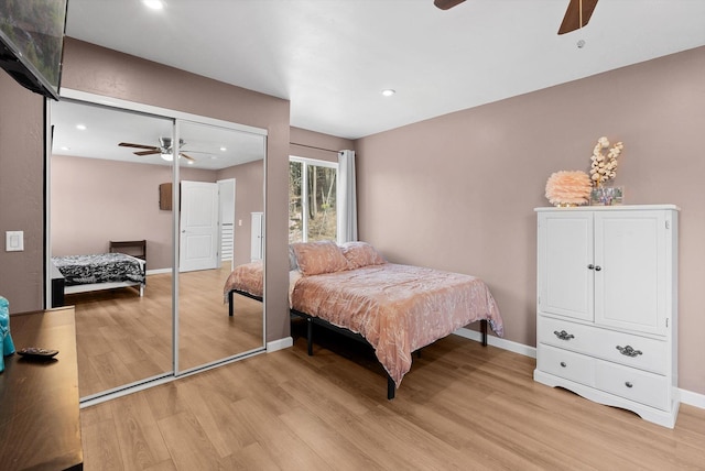 bedroom with baseboards, a ceiling fan, recessed lighting, and light wood-style flooring