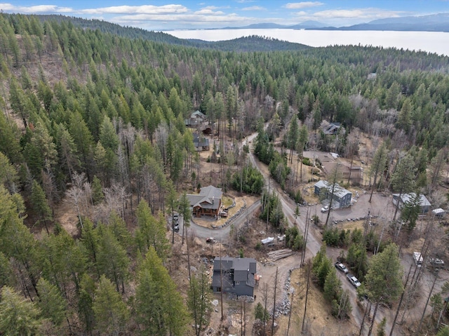 682 Latigo Ln, Bigfork, MT 59911 - aerial view of property and surrounding area featuring a heavily wooded area and a water and mountain view