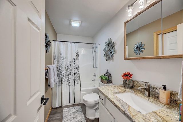 full bathroom with toilet, shower / bathtub combination with curtain, vanity, and wood finished floors